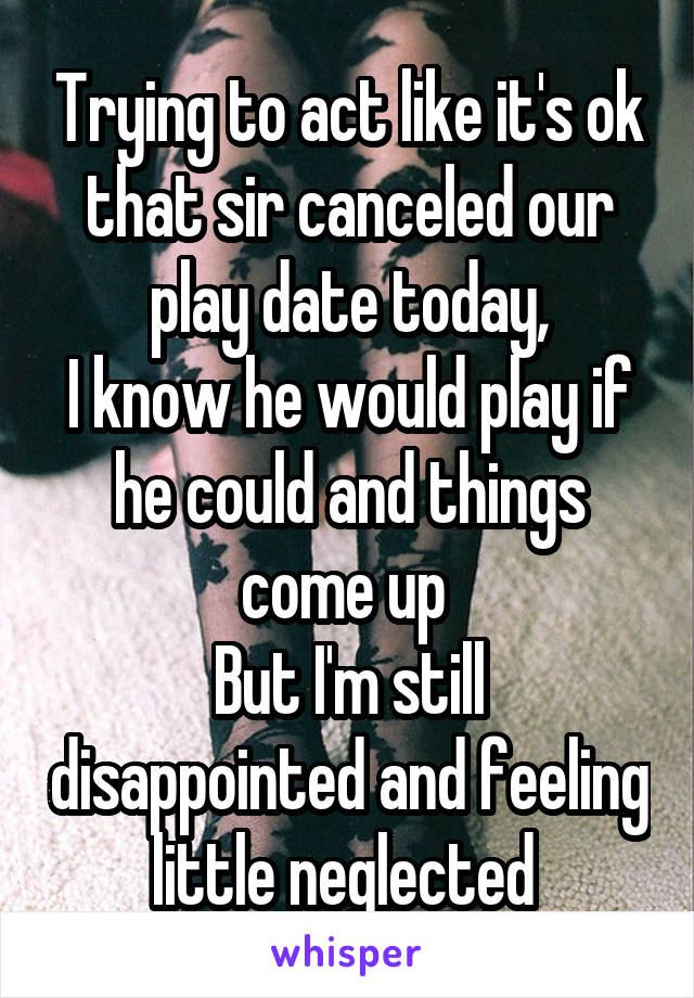 Trying to act like it's ok that sir canceled our play date today,
I know he would play if he could and things come up 
But I'm still disappointed and feeling little neglected 