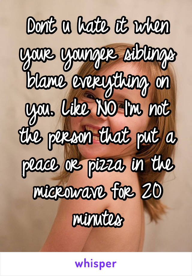 Dont u hate it when your younger siblings blame everything on you. Like NO I'm not the person that put a peace or pizza in the microwave for 20 minutes
