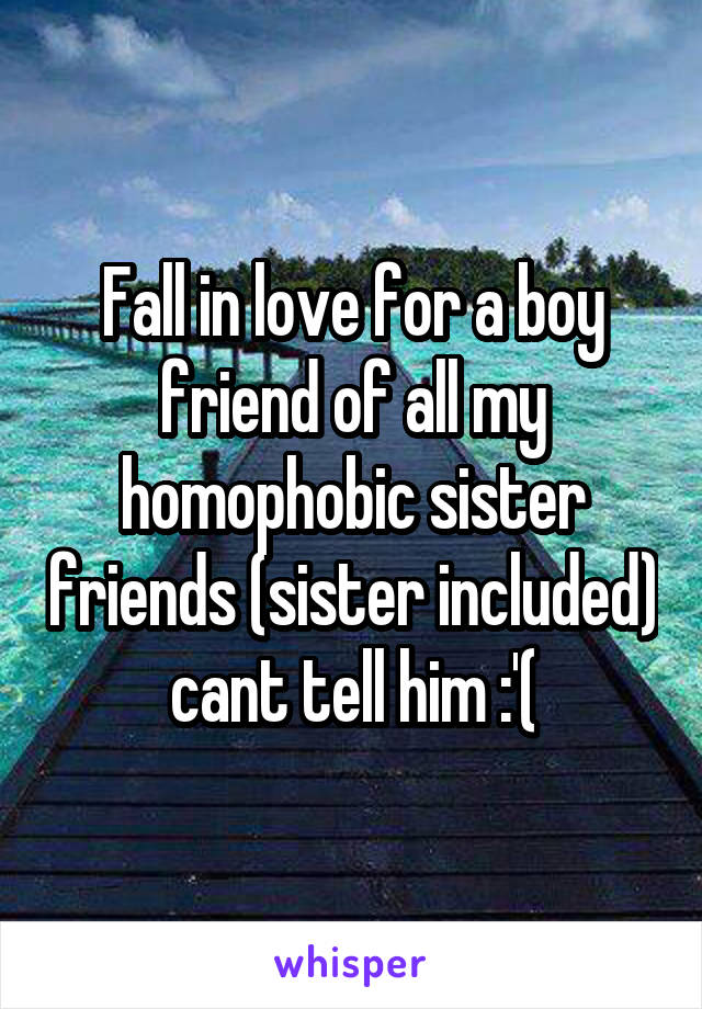 Fall in love for a boy friend of all my homophobic sister friends (sister included) cant tell him :'(