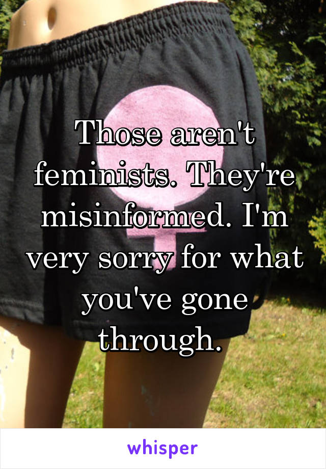 Those aren't feminists. They're misinformed. I'm very sorry for what you've gone through. 