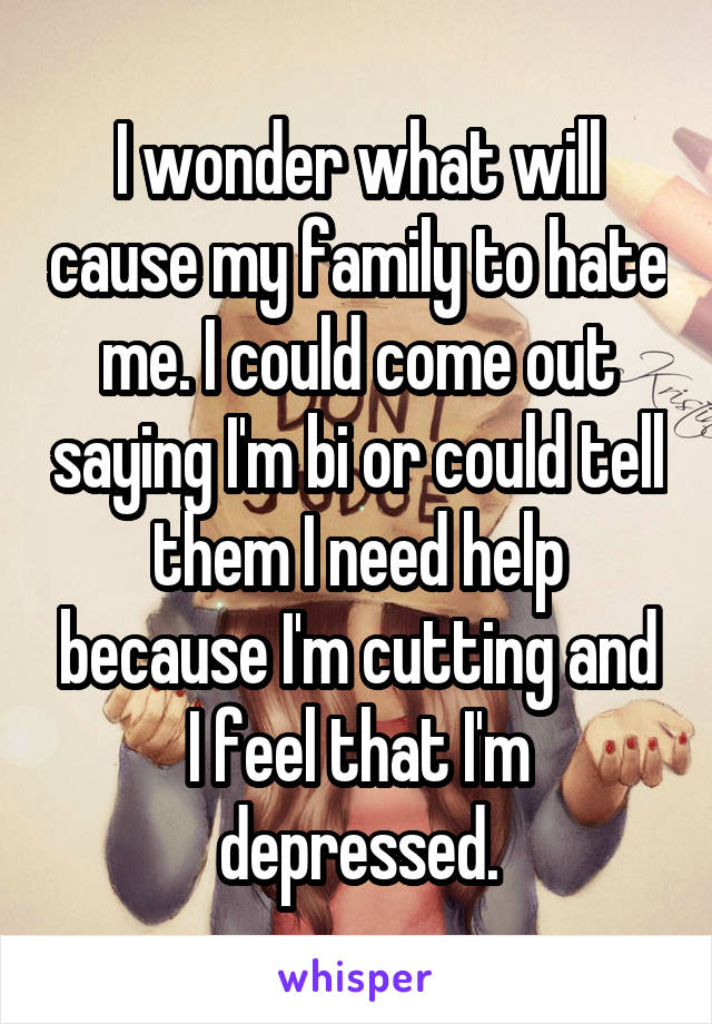 I wonder what will cause my family to hate me. I could come out saying I'm bi or could tell them I need help because I'm cutting and I feel that I'm depressed.