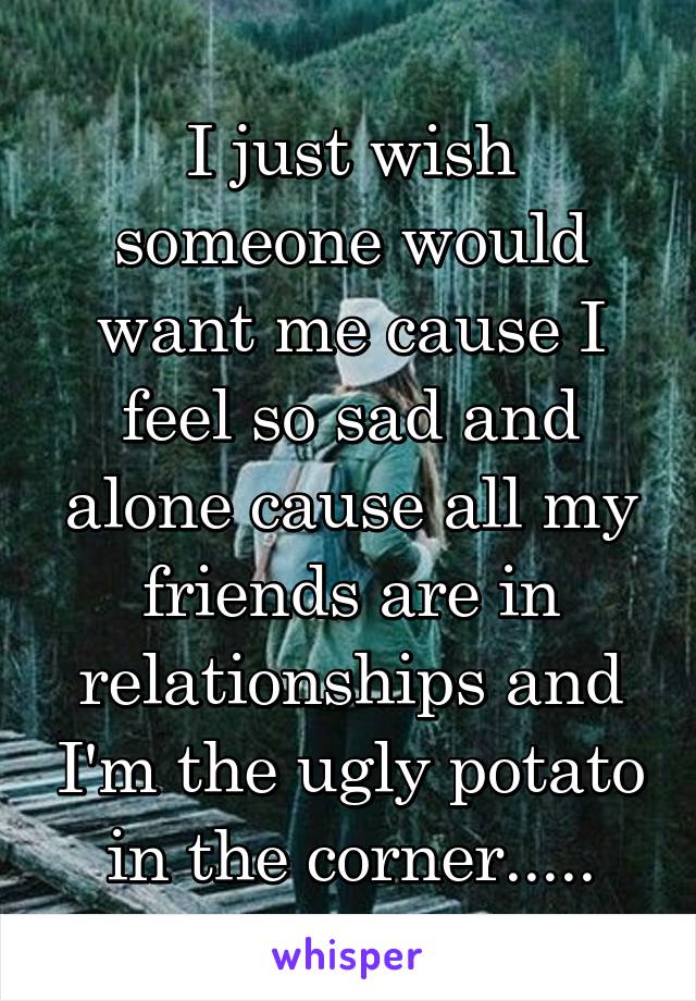 I just wish someone would want me cause I feel so sad and alone cause all my friends are in relationships and I'm the ugly potato in the corner.....