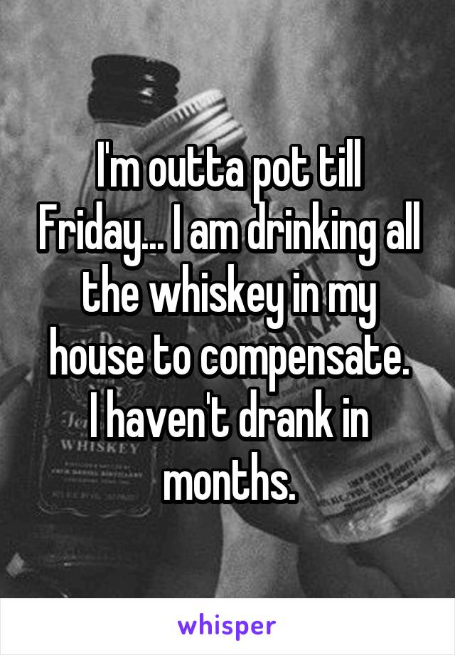 I'm outta pot till Friday... I am drinking all the whiskey in my house to compensate.
I haven't drank in months.