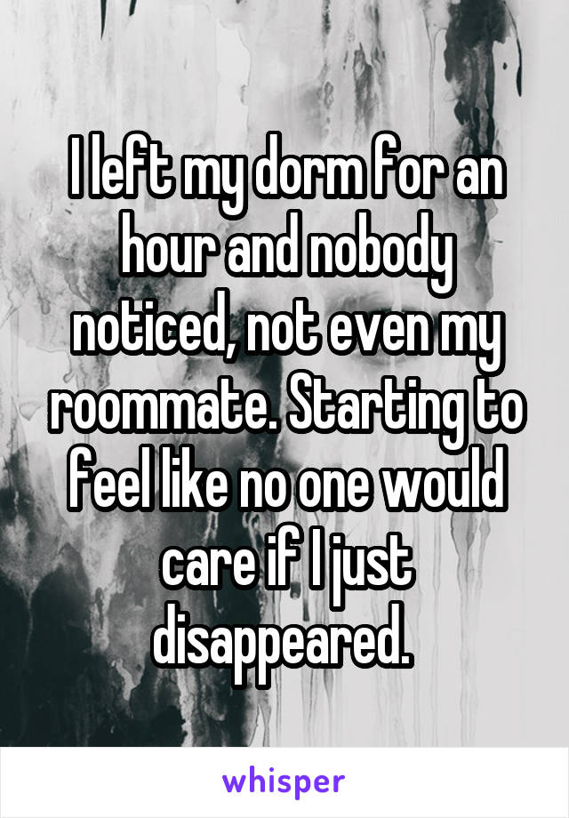 I left my dorm for an hour and nobody noticed, not even my roommate. Starting to feel like no one would care if I just disappeared. 