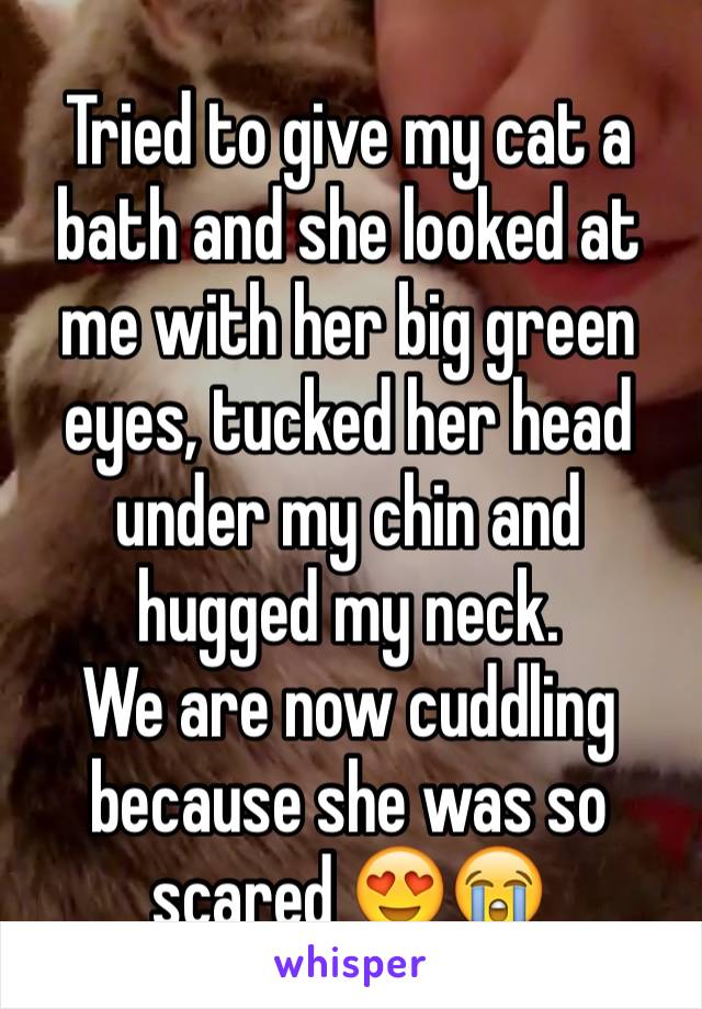 Tried to give my cat a bath and she looked at me with her big green eyes, tucked her head under my chin and hugged my neck. 
We are now cuddling because she was so scared 😍😭