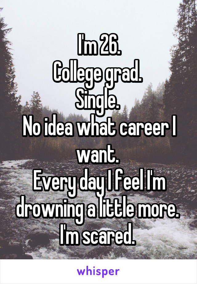 I'm 26.
College grad. 
Single. 
No idea what career I want. 
Every day I feel I'm drowning a little more. 
I'm scared. 