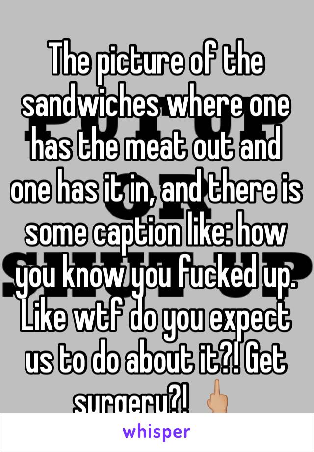 The picture of the sandwiches where one has the meat out and one has it in, and there is some caption like: how you know you fucked up. Like wtf do you expect us to do about it?! Get surgery?! 🖕🏼