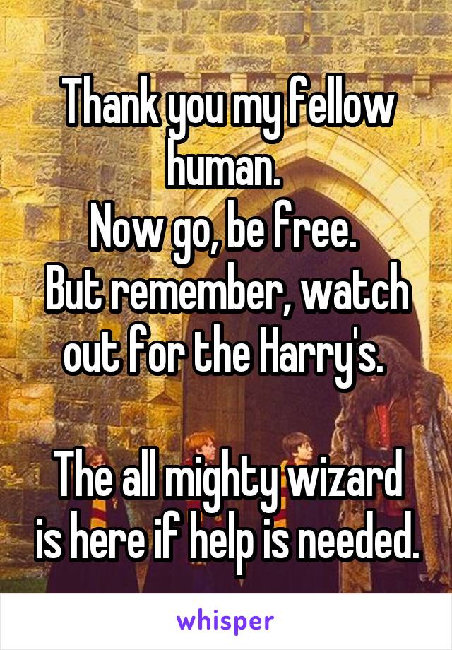 Thank you my fellow human. 
Now go, be free. 
But remember, watch out for the Harry's. 

The all mighty wizard is here if help is needed.