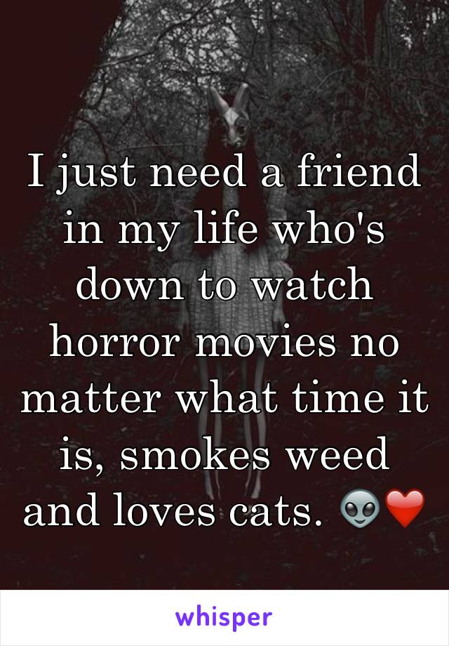 I just need a friend in my life who's down to watch horror movies no matter what time it is, smokes weed and loves cats. 👽❤️