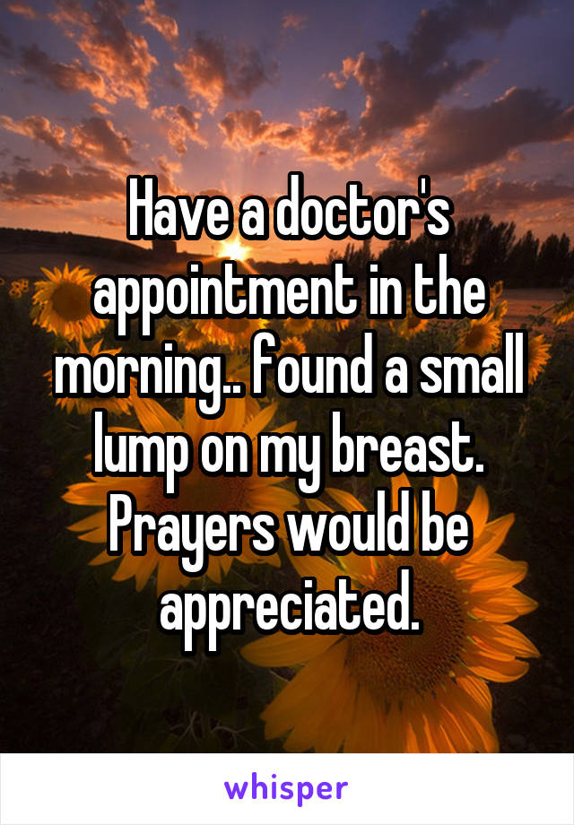 Have a doctor's appointment in the morning.. found a small lump on my breast.
Prayers would be appreciated.