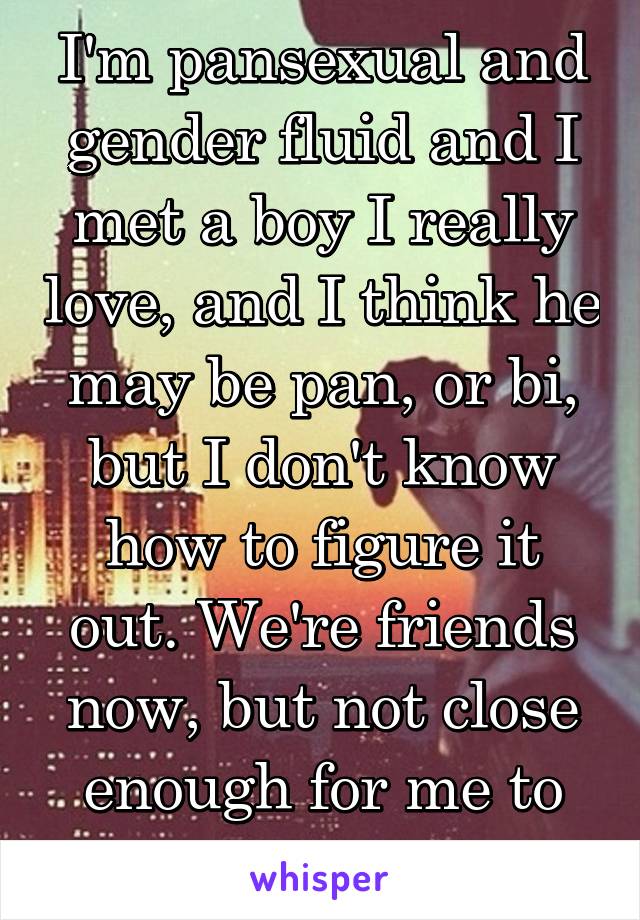 I'm pansexual and gender fluid and I met a boy I really love, and I think he may be pan, or bi, but I don't know how to figure it out. We're friends now, but not close enough for me to just ask. 