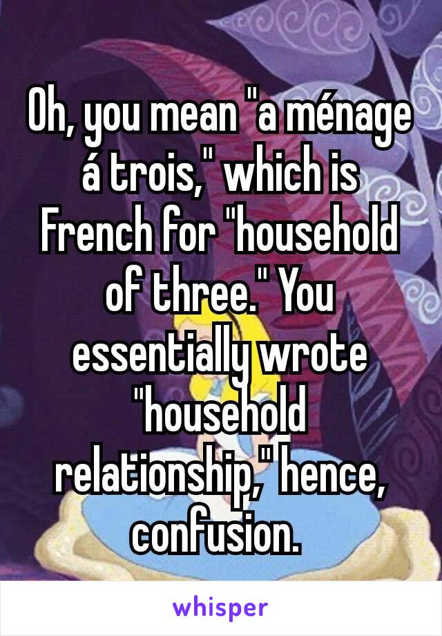 Oh, you mean "a ménage á trois," which is French for "household of three." You essentially wrote "household relationship," hence, confusion. 