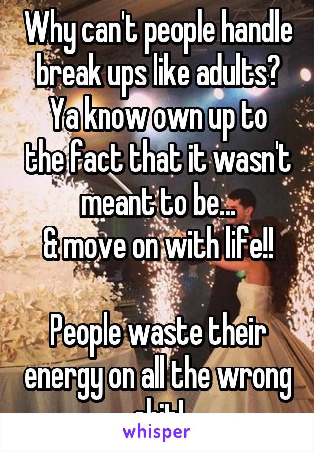 Why can't people handle break ups like adults?
Ya know own up to the fact that it wasn't meant to be...
& move on with life!!

People waste their energy on all the wrong shit!