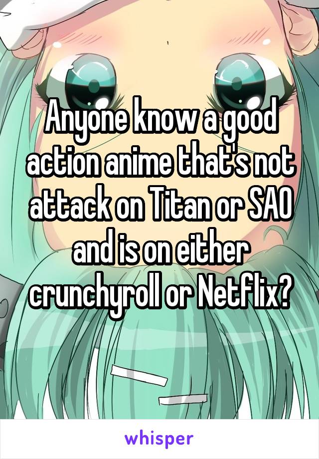 Anyone know a good action anime that's not attack on Titan or SAO and is on either crunchyroll or Netflix?
