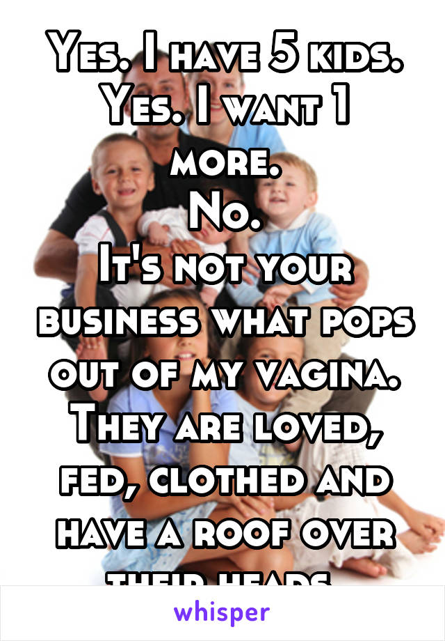 Yes. I have 5 kids.
Yes. I want 1 more.
No.
It's not your business what pops out of my vagina.
They are loved, fed, clothed and have a roof over their heads.