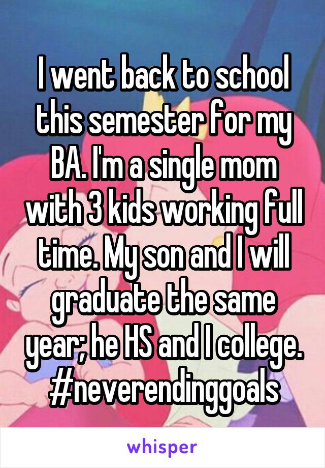I went back to school this semester for my BA. I'm a single mom with 3 kids working full time. My son and I will graduate the same year; he HS and I college. #neverendinggoals