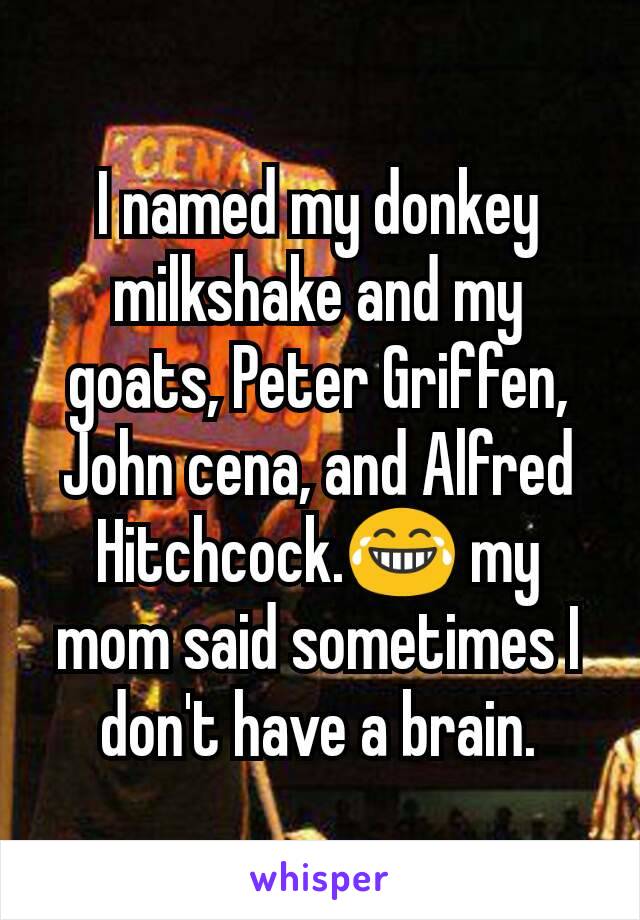 I named my donkey milkshake and my goats, Peter Griffen, John cena, and Alfred Hitchcock.😂 my mom said sometimes I don't have a brain.