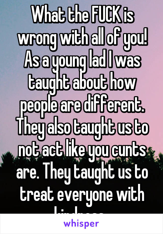 What the FUCK is wrong with all of you!
As a young lad I was taught about how people are different. They also taught us to not act like you cunts are. They taught us to treat everyone with kindness. 