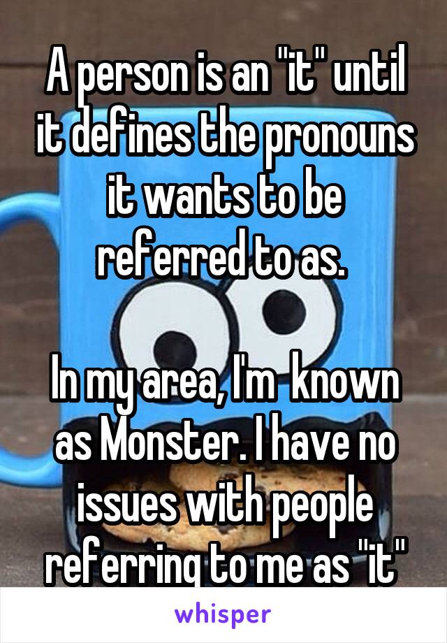 A person is an "it" until it defines the pronouns it wants to be referred to as. 

In my area, I'm  known as Monster. I have no issues with people referring to me as "it"