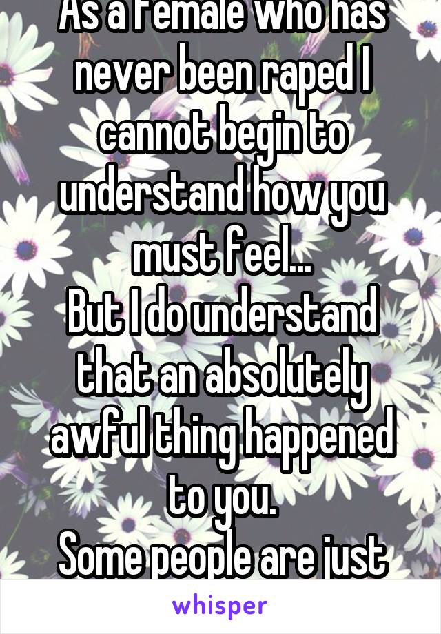 As a female who has never been raped I cannot begin to understand how you must feel...
But I do understand that an absolutely awful thing happened to you.
Some people are just so ignorant...