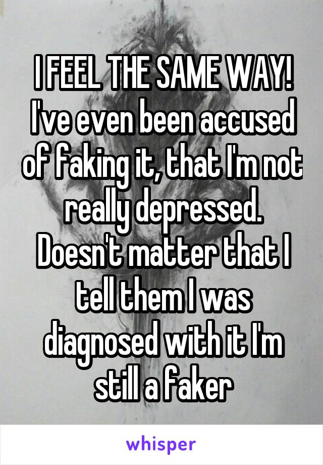 I FEEL THE SAME WAY! I've even been accused of faking it, that I'm not really depressed. Doesn't matter that I tell them I was diagnosed with it I'm still a faker