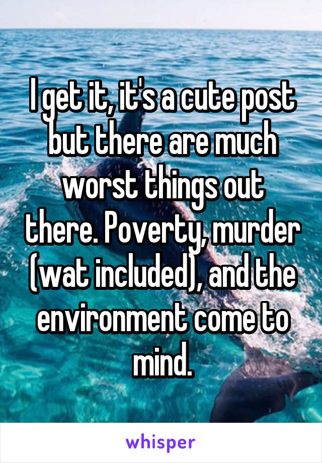 I get it, it's a cute post but there are much worst things out there. Poverty, murder (wat included), and the environment come to mind.