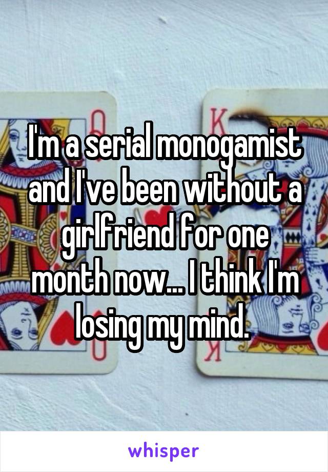 I'm a serial monogamist and I've been without a girlfriend for one month now... I think I'm losing my mind. 