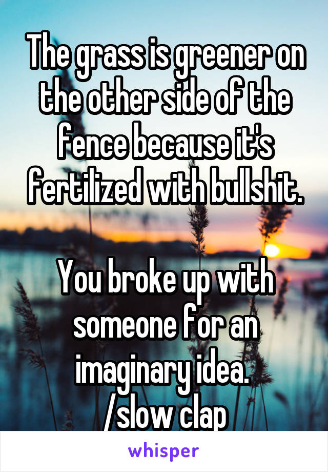 The grass is greener on the other side of the fence because it's fertilized with bullshit.

You broke up with someone for an imaginary idea. 
/slow clap
