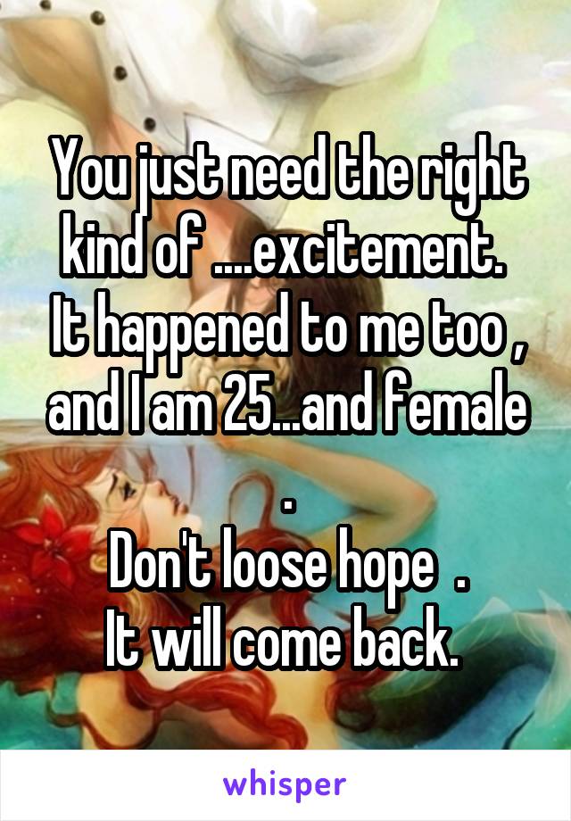 You just need the right kind of ....excitement. 
It happened to me too , and I am 25...and female .
Don't loose hope  .
It will come back. 