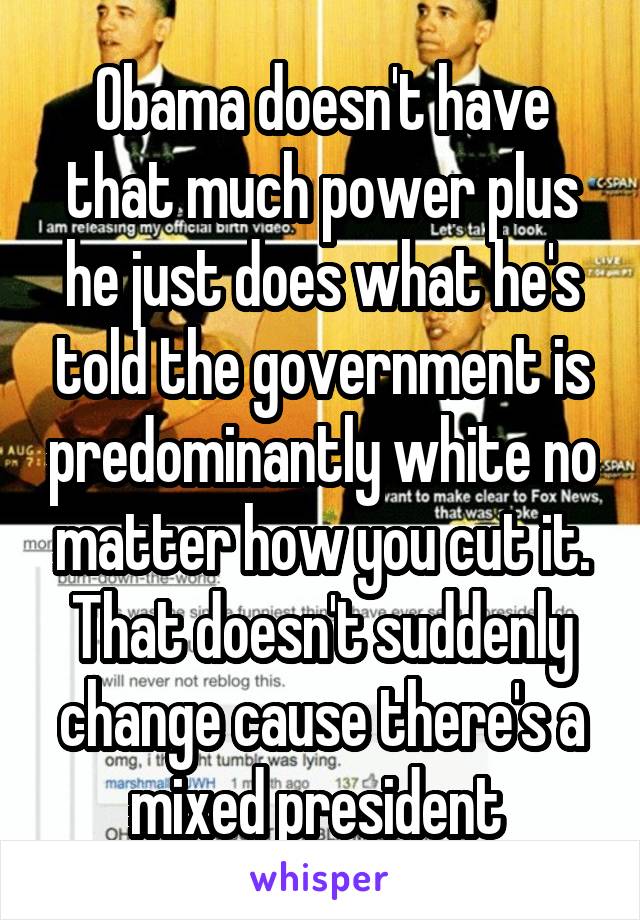 Obama doesn't have that much power plus he just does what he's told the government is predominantly white no matter how you cut it. That doesn't suddenly change cause there's a mixed president 