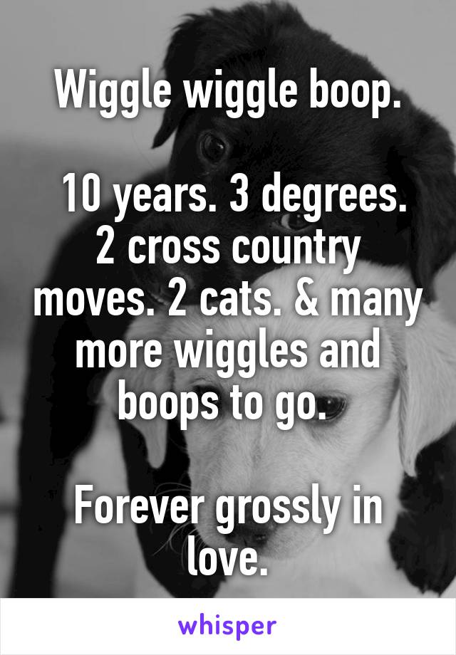 Wiggle wiggle boop.

 10 years. 3 degrees. 2 cross country moves. 2 cats. & many more wiggles and boops to go. 

Forever grossly in love.