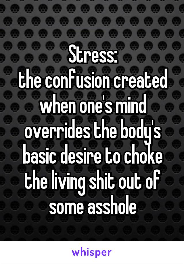 Stress:
the confusion created when one's mind overrides the body's basic desire to choke the living shit out of some asshole