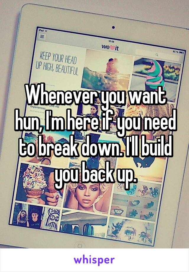 Whenever you want hun, I'm here if you need to break down. I'll build you back up.
