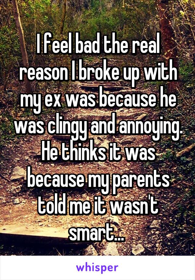 I feel bad the real reason I broke up with my ex was because he was clingy and annoying. He thinks it was because my parents told me it wasn't smart... 