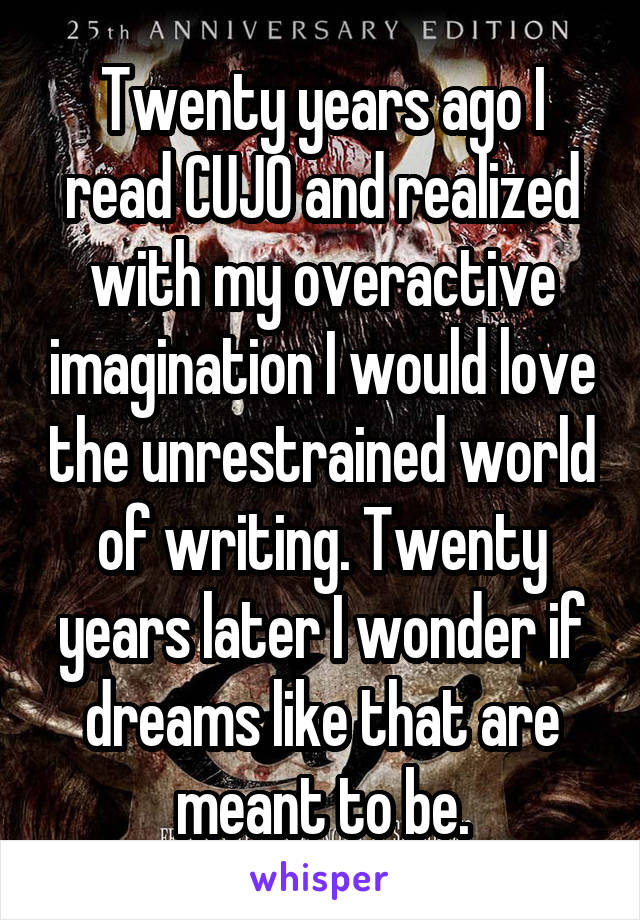 Twenty years ago I read CUJO and realized with my overactive imagination I would love the unrestrained world of writing. Twenty years later I wonder if dreams like that are meant to be.