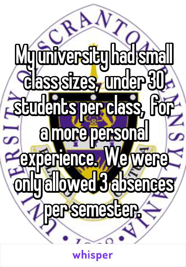 My university had small class sizes,  under 30 students per class,  for a more personal experience.  We were only allowed 3 absences per semester. 