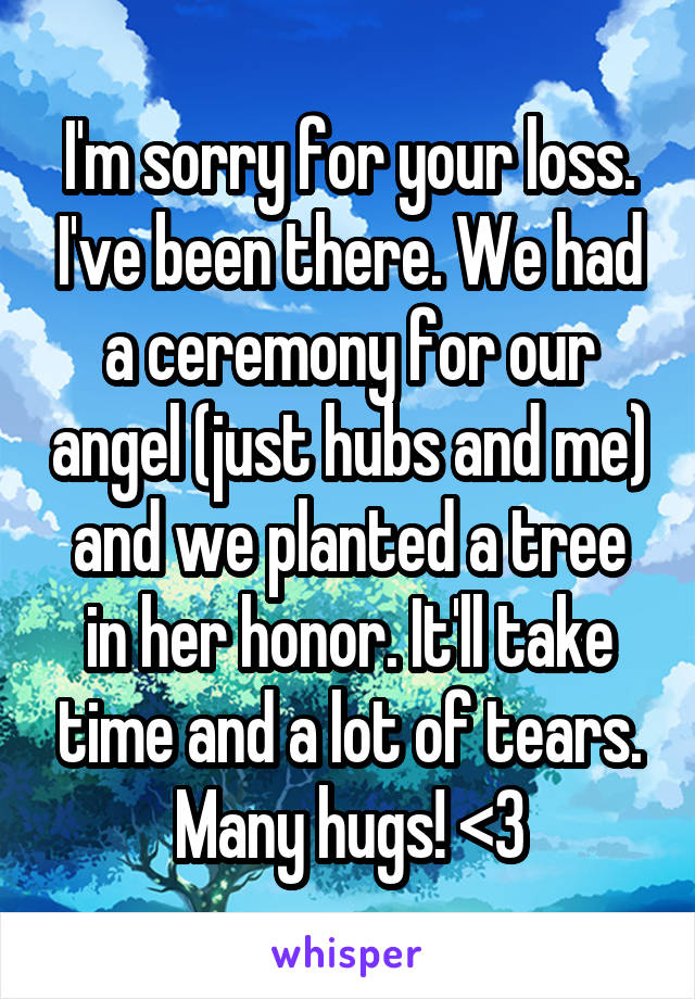 I'm sorry for your loss. I've been there. We had a ceremony for our angel (just hubs and me) and we planted a tree in her honor. It'll take time and a lot of tears. Many hugs! <3