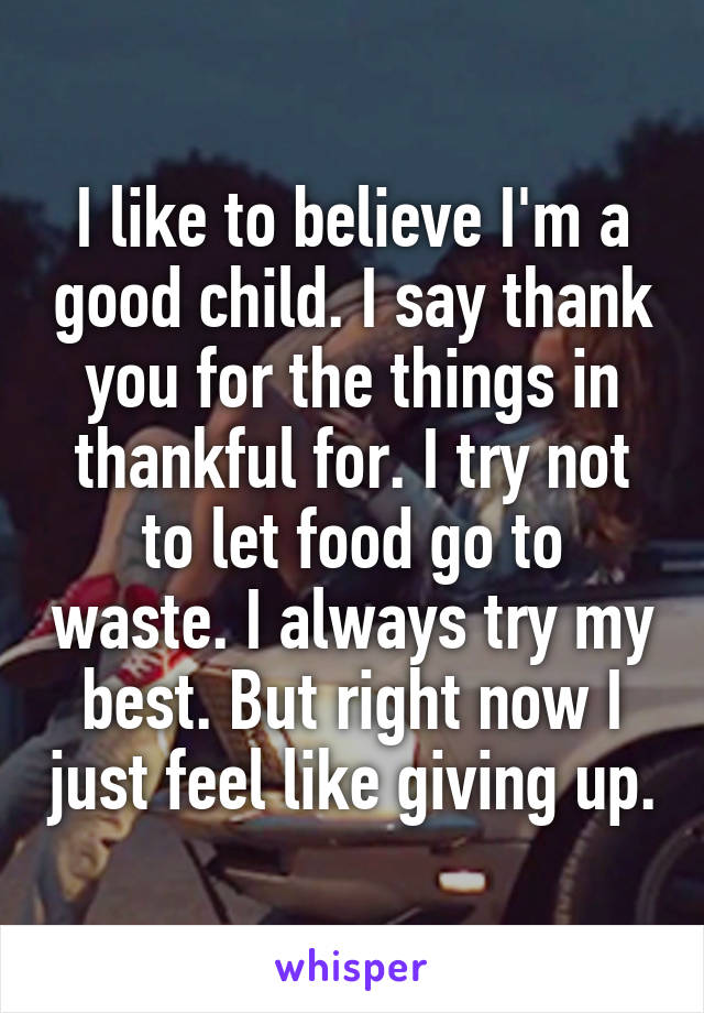 I like to believe I'm a good child. I say thank you for the things in thankful for. I try not to let food go to waste. I always try my best. But right now I just feel like giving up.