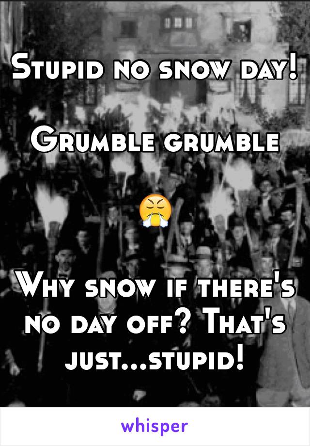 Stupid no snow day!

Grumble grumble

😤

Why snow if there's no day off? That's just...stupid!