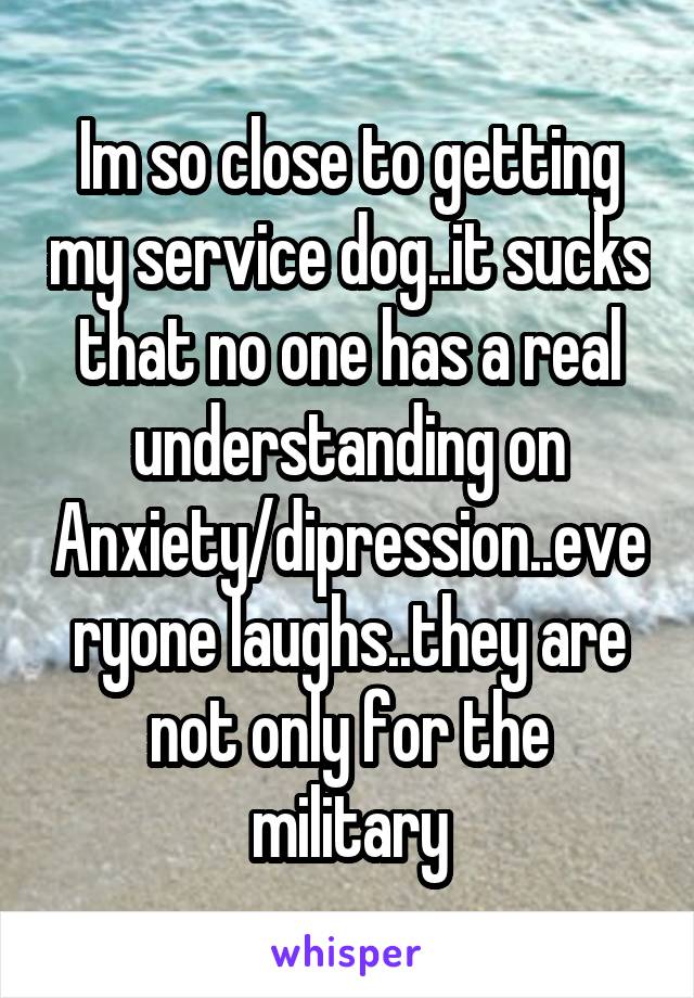 Im so close to getting my service dog..it sucks that no one has a real understanding on Anxiety/dipression..everyone laughs..they are not only for the military