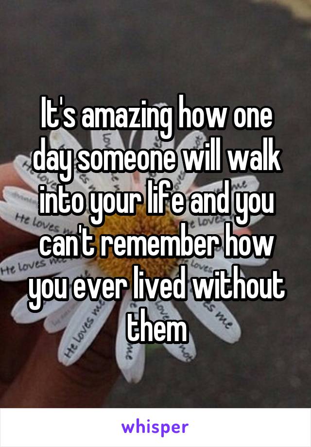 It's amazing how one day someone will walk into your life and you can't remember how you ever lived without them