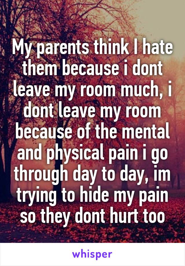 My parents think I hate them because i dont leave my room much, i dont leave my room because of the mental and physical pain i go through day to day, im trying to hide my pain so they dont hurt too