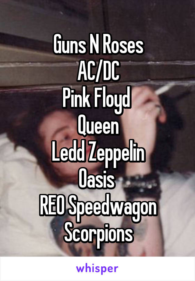 Guns N Roses
AC/DC
Pink Floyd 
Queen
Ledd Zeppelin
Oasis 
REO Speedwagon
Scorpions