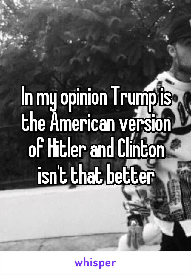 In my opinion Trump is the American version of Hitler and Clinton isn't that better