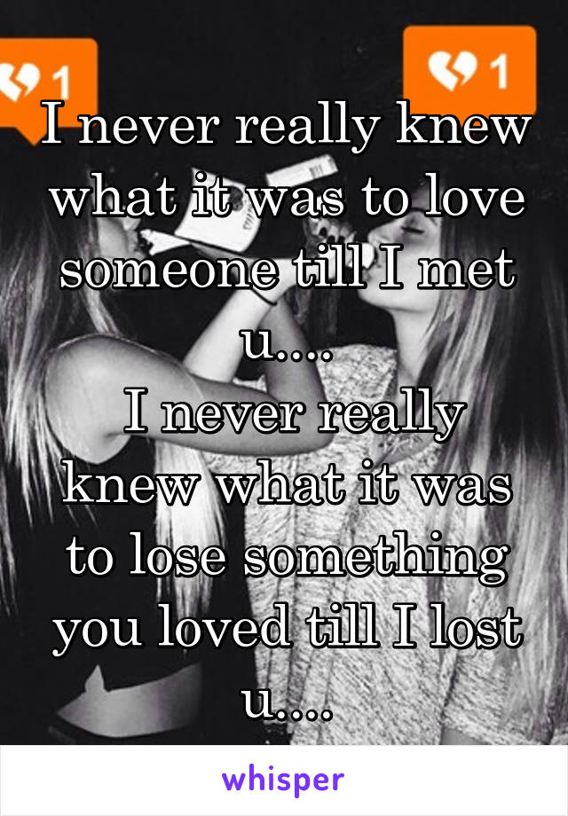 I never really knew what it was to love someone till I met u....
 I never really knew what it was to lose something you loved till I lost u....