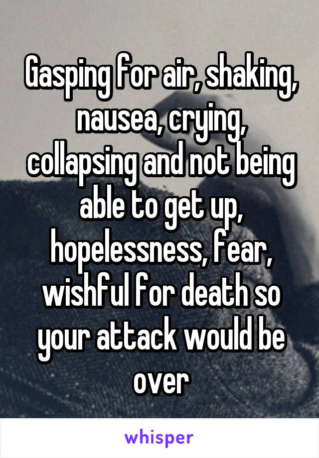 Gasping for air, shaking, nausea, crying, collapsing and not being able to get up, hopelessness, fear, wishful for death so your attack would be over