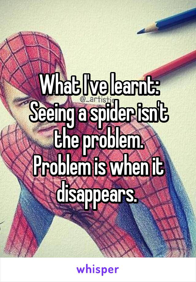 What I've learnt:
Seeing a spider isn't the problem.
Problem is when it disappears. 