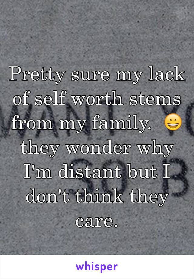 Pretty sure my lack of self worth stems from my family.  😀 they wonder why I'm distant but I don't think they care. 