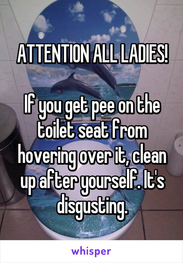 ATTENTION ALL LADIES!

If you get pee on the toilet seat from hovering over it, clean up after yourself. It's disgusting.