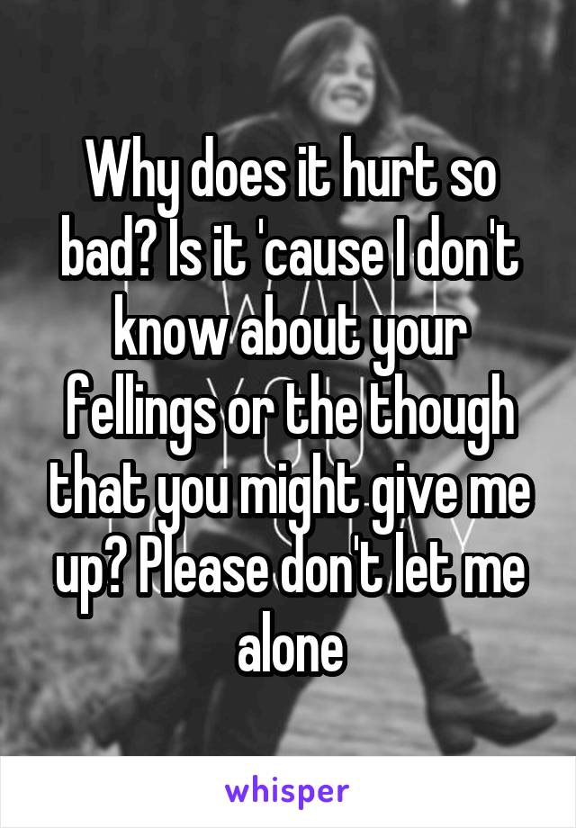 Why does it hurt so bad? Is it 'cause I don't know about your fellings or the though that you might give me up? Please don't let me alone